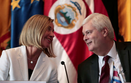 European Union High Representative for Foreign Affairs and Security Policy Federica Mogherini speaks with Costa Rica's Foreign Minister Manuel Ventura during a news conference after a meeting of the International Contact Group (IGC) to discuss their support for a political solution to Venezuela's political crisis, in San Jose, Costa Rica May 7, 2019. REUTERS/Juan Carlos Ulate