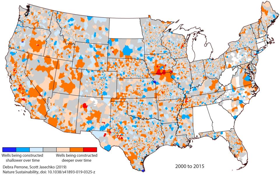 Researchers Researchers Debra Perrone and Scott Jasechko of the University of California, Santa Barbara, compiled this map showing areas where groundwater wells were drilled deeper over the course of years 2000-2015, and areas where wells were drilled shallower during that period. The darker colors show the strongest trends.