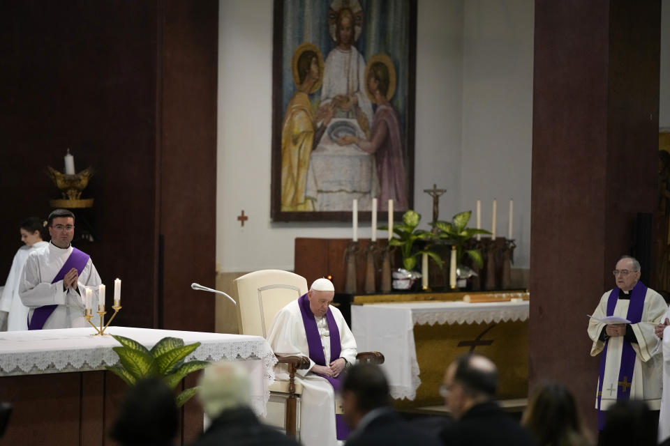 Pope Francis visits the parish church of St. Pius V for the "24 hours for the Lord" Lenten initiative of prayer and reconciliation, in Rome, Friday, March 8, 2024. The event will be celebrated in dioceses around the world on the eve of the fourth Sunday of Lent, from Friday 8 to Saturday 9 March.(AP Photo/Andrew Medichini)