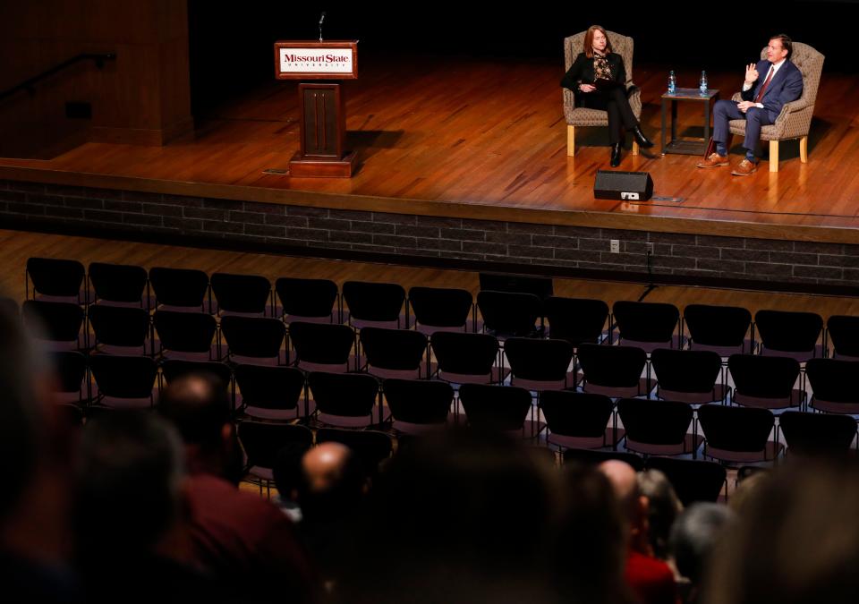 Richard "Biff" Williams, a finalist for the Missouri State University president job, answers questions at a forum in the Plaster Student Union auditorium on Thursday, Feb. 15, 2024.