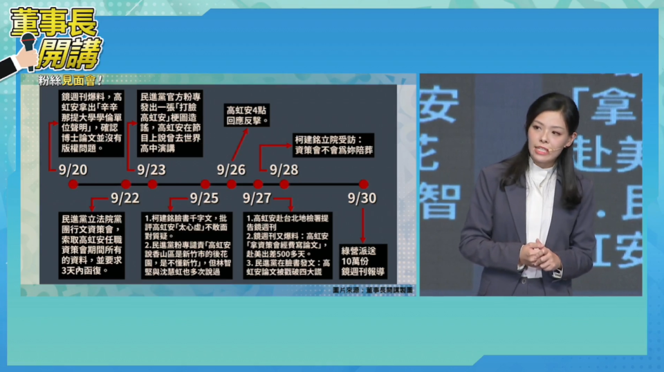 高虹安聲稱自己在4天內遭到逾50萬筆留言攻擊。   圖：擷自董事長開講YouTube