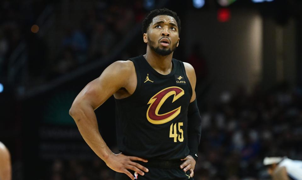 Cavs guard Donovan Mitchell reacts during the first half of Game 7 against the Orlando Magic in their first-round playoff series, May 5, 2024, in Cleveland.