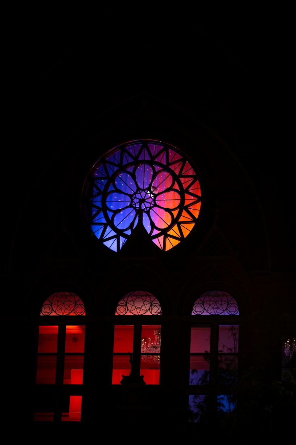 A disco ball lights up the Rose Window in Music Hall for Blink Cincinnati in 2019.