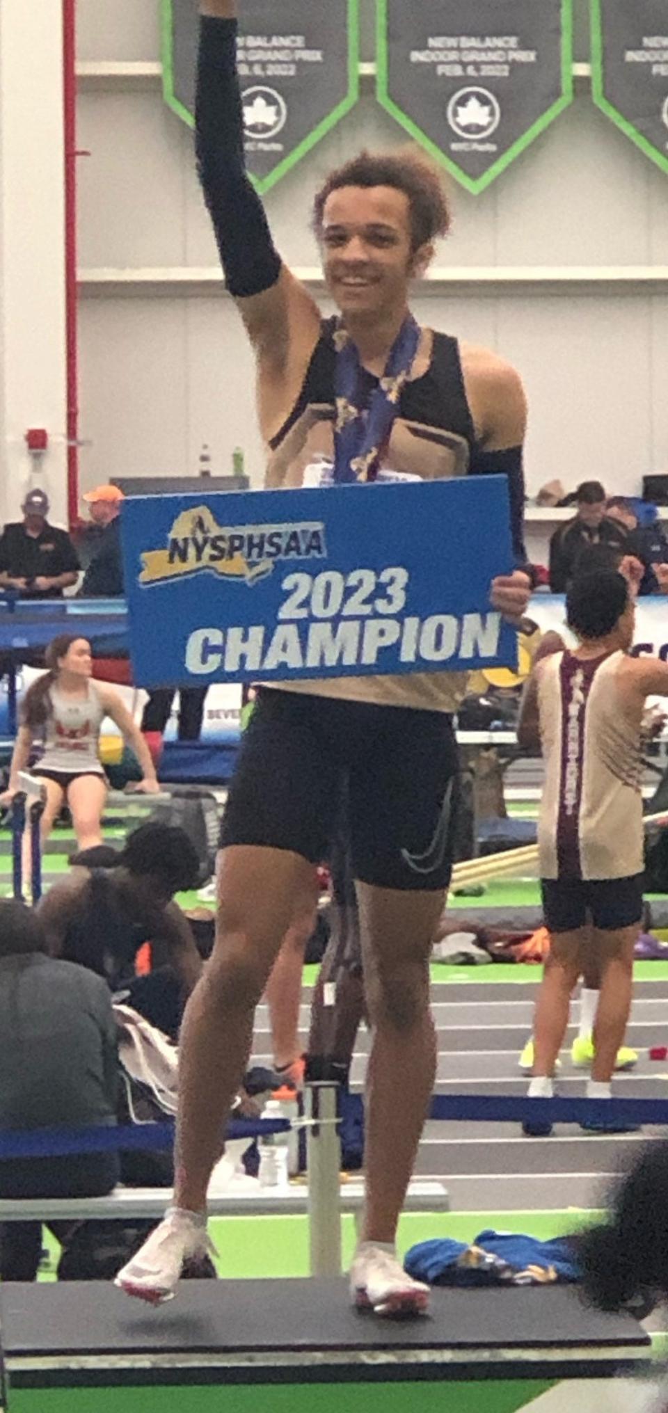 Corning's Gyasi Ruffin won the public schools state title in the boys 600-meter race March 4, 2023 at Ocean Breeze Athletic Complex on Staten Island.