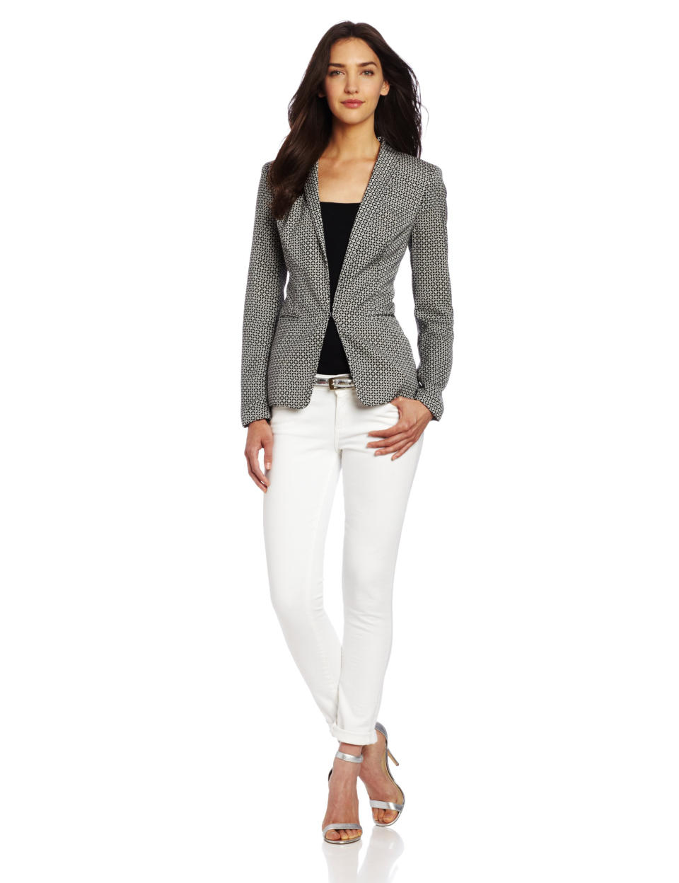 This publicity photo provided by amazon.com/fashion shows a model wearing a women's long sleeve shawl collar blazer from DKNYC. Many closet-to-classroom items are basic pieces, including a pencil skirt, fit-and-flare dress, collared shirts, blazers, jeans and sweaters, so they can make the transition between seasons and school years. They can all be dressed up or down, and adapted to look “new” with the right belt, shoe or jewelry. (AP Photo/amazon.com/fashion)