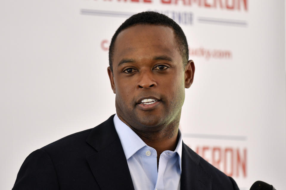 FILE - Kentucky Attorney General and Republican gubernatorial candidate Daniel Cameron speaks to supporters during the first stop of his multi-city campaign tour in Richmond, Ky., June 2, 2023. (AP Photo/Timothy D. Easley, File)