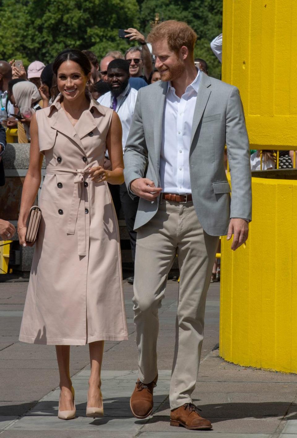 <p>To visit Nelson Mandela's Centenary Exhibition, Meghan went for a sleeveless trench coat dress by Canadian label Nonie. Accessorising with some nude Dior pumps and a Mulberry Clifton Shoulder Bag, Meghan looked as chic as ever.</p>