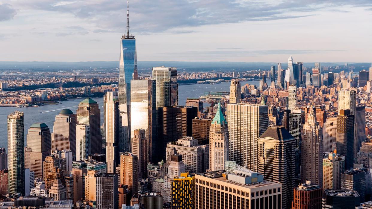 new york city downtown skyline aerial view seen from helicopter, usa