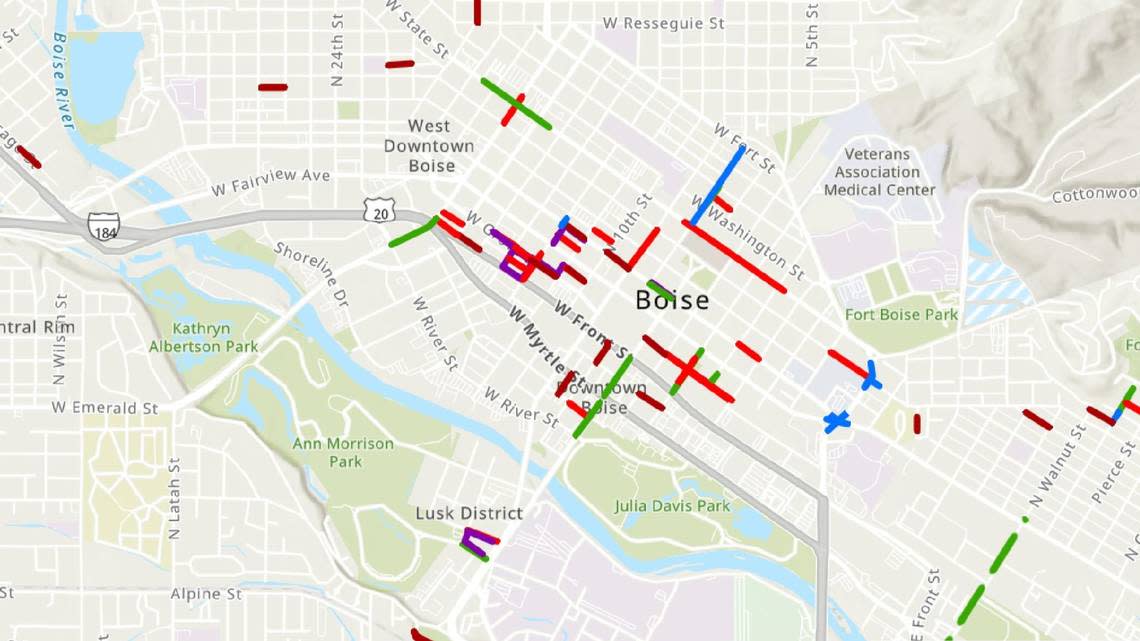 This image shows roadwork in downtown Boise in May, 2024. Lines in red indicate road closures, green for restrictions, dark red for pending closures and blue for pending restrictions.