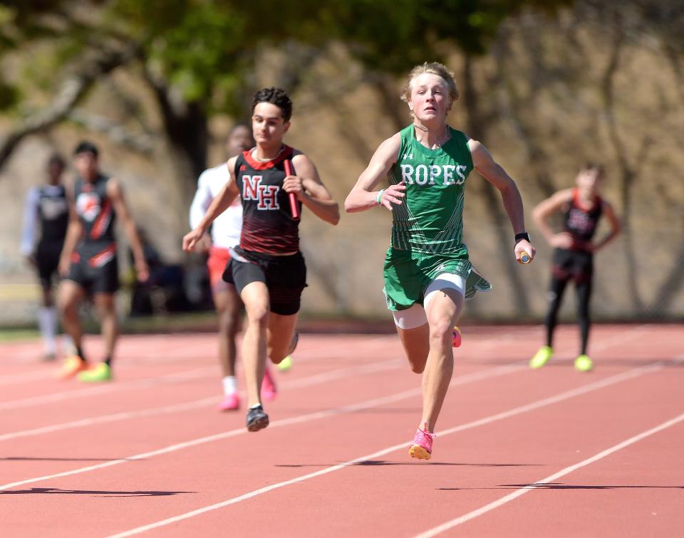 Ropes' 400-meter relay competes in the Districts 5/6-2A area track and field meet, Wednesday, April 10, 2024, at Slaughter Field in Sundown.
