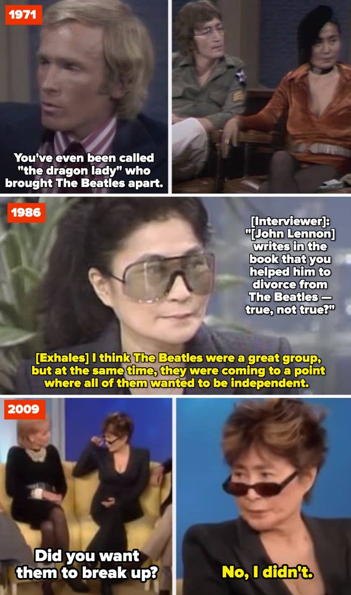 Dick Cavett to Yoko: "You've been called 'the dragon lady' who brought the Beatles apart;" Yoko in a 1986 interview: "The Beatles were a great group, but they wanted to be independent;" Yoko telling Barbara Walters she didn't want the Beatles to break up