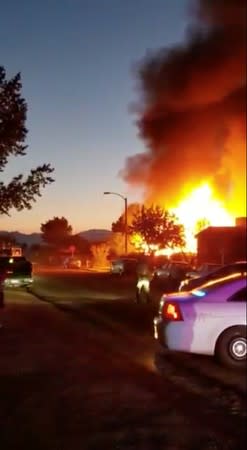 Fire is seen at a mobile home park in Ridgecrest, California, U.S. after an earthquake hit, in this still frame taken from social media video dated July 5, 2019