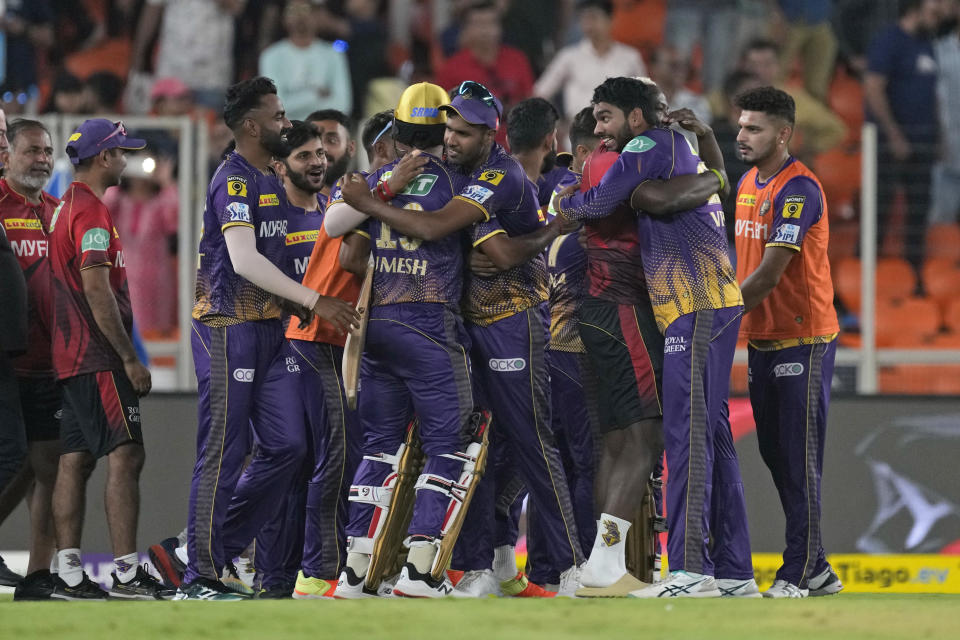 Kolkata Knight Riders's players celebrate after winning their match against Gujarat Titans during the Indian Premier League (IPL) in Ahmedabad, India, Sunday, April 9, 2023. (AP Photo/Ajit Solanki)