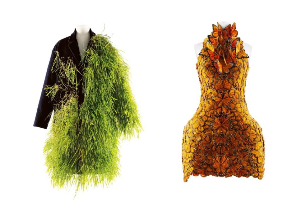 “Sleeping Beauties: Reawakening Fashion” includes some pieces that are too delicate to be worn again — but too beautiful to put away forever. Among these are a Loewe coat (left) made of real grass that will decay over time and an Alexander McQueen dress made of artificial monarch butterflies. Images: Courtesy of the Metropolitan Museum of Art