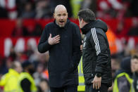 Manchester United's head coach Erik ten Hag reacts during the English FA Cup quarterfinal soccer match between Manchester United and Fulham at the Old Trafford stadium in Manchester, England, Sunday, March 19, 2023. (AP Photo/Jon Super)