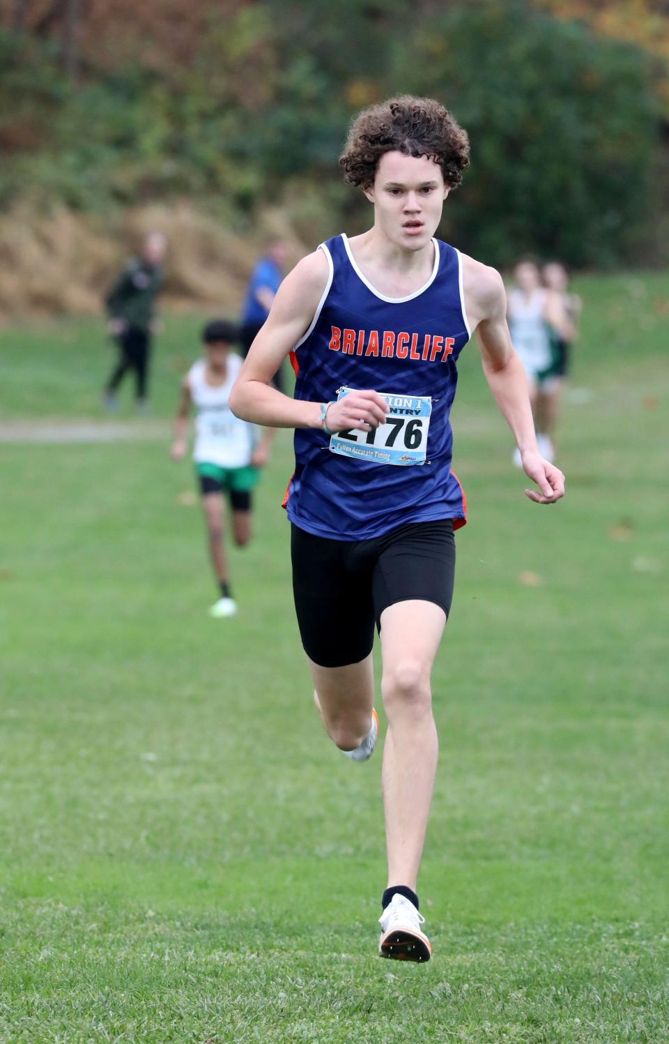 Miles Chamberlain from Briarcliff approaches the finish line as athletes compete in the boys Class C Section 1 Cross Country Championships at Bowdoin Park in Wappingers Falls, Nov. 4, 2023.