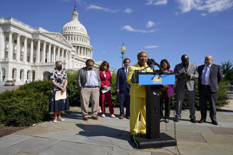 FILE - Rep. Barbara Lee, D-Calif., speaks at a Congressional Progressive Caucus news conference as the House meets to consider the Inflation Reduction Act, Friday, Aug. 12, 2022, on Capitol Hill in Washington. Standing behind Lee are Rep. Debbie Dingell, D-Mich., from left, Rep. Raul Grijalva, D-Ariz., Rep. Marie Newman, D-Ill., Rep. Jamie Raskin, D-Md., Rep. Pramila Jayapal, D-Wash., Rep Jamaal Bowman, D-N.Y., and Rep. Mark Pocan, D-Wis. (AP Photo/Patrick Semansky, File)