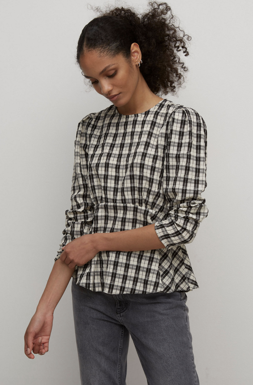 Checked Long Sleeve Peplum Top