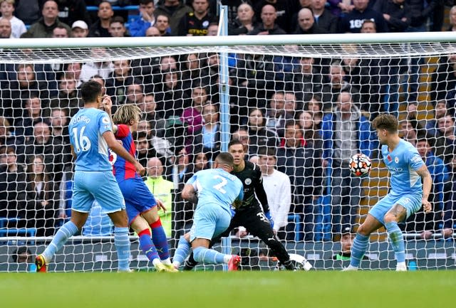 Conor Gallagher scores during Crystal Palace's victory at Manchester City