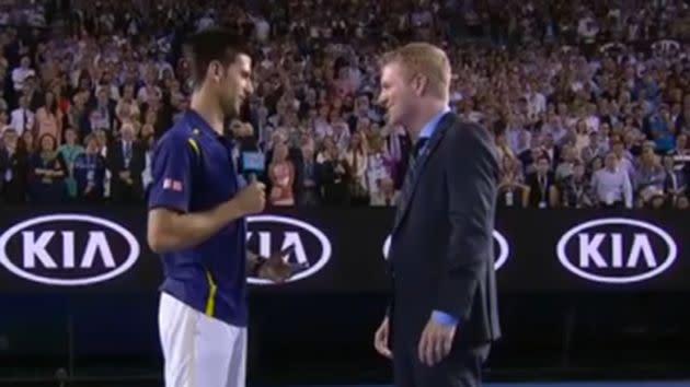 Djokovic does his best Jim Courier impersonation. Source: Channel 7