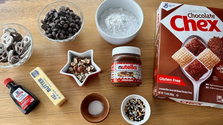 Ingredients for chocolate Muddy Buddies