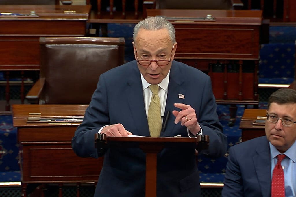 In this image from Senate Television, Senate Majority Leader Chuck Schumer of New York, speak on the Senate floor, Wednesday, May 25, 2022 at the Capitol in Washington. Schumer has quickly set in motion a pair of firearms background check bills in response to the school massacre in Texas. (Senate Television via AP)