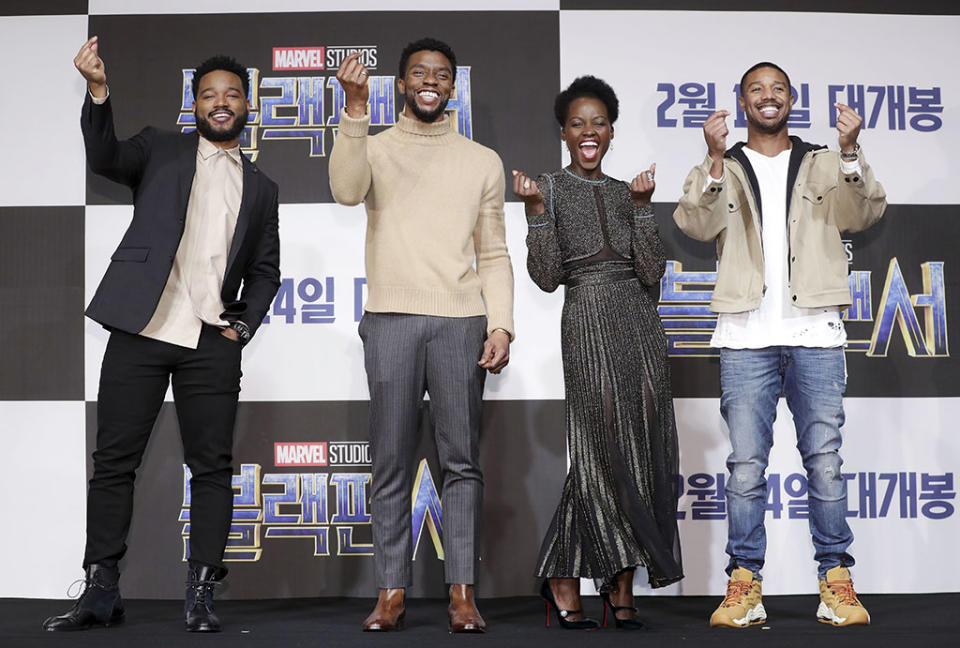 <p>The <em>Black Panther</em> cast and director (Coogler) looked ecstatic to be promoting their new film in Seoul, South Korea, on Monday. Looking good, guys! (Photo: Han Myung-Gu/Getty Images for Disney) </p>