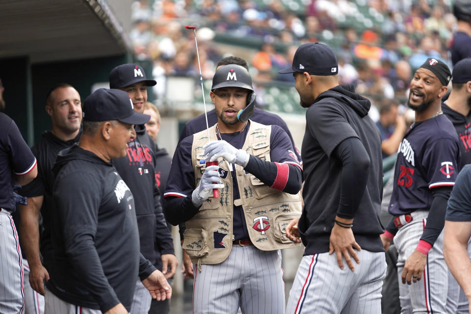 Minnesota Twins' Royce Lewis celebrates his home run against the Detroit Tigers in the second inning of a baseball game, Friday, June 23, 2023, in Detroit. (AP Photo/Paul Sancya)