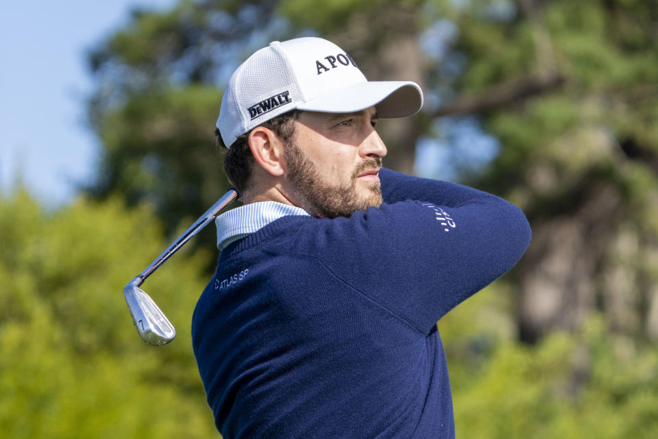Patrick Cantlay hits his tee shot on the fifth hole during the second round of the AT&T Pebble Beach Pro-Am golf tournament at Pebble Beach Golf Links. Mandatory Credit: Kyle Terada-USA TODAY Sports