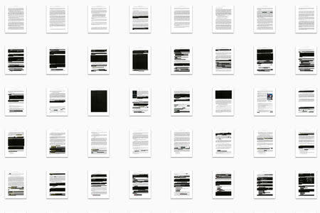 Several redacted pages of Special Counsel Robert Mueller's report on Russian interference in the 2016 U.S. presidential election are seen in a photo illustration April 18, 2019. Reuters Graphics via REUTERS/Illustration
