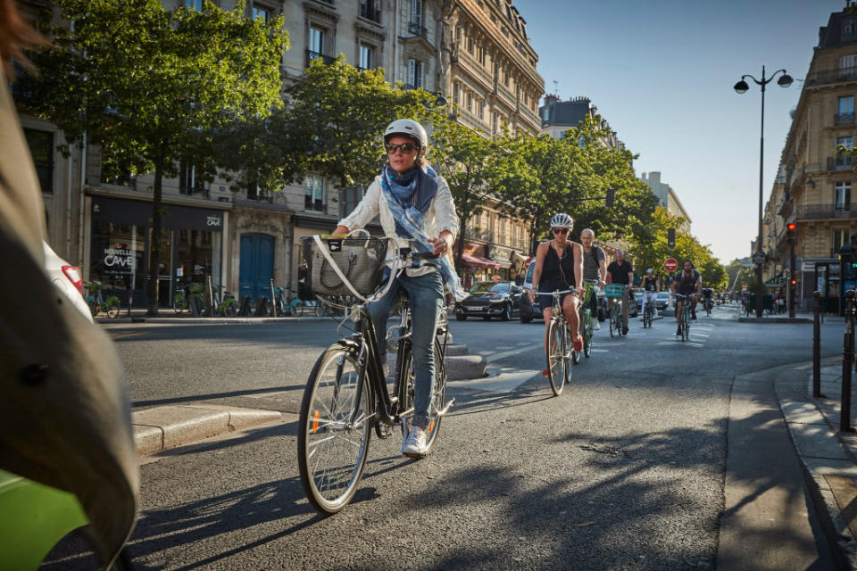 Early morning commuters cycle along one of the dedicated cycle lanes in Paris on August 04, 2020 in Paris, France.<span class="copyright">Kiran Ridley—Getty Images</span>
