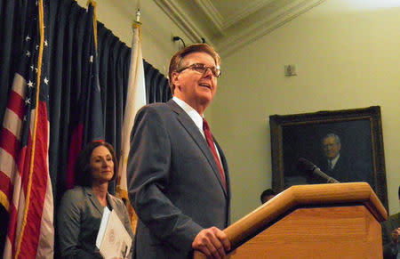 FILE PHOTO -- Texas Lieutenant Governor Dan Patrick speaks at a news conference on the introduction of a bill that would limit access to bathrooms and other facilities for transgender people at the State Capitol in Austin, Texas, U.S., January 5, 2017. REUTERS/Jon Herskovitz/File Photo