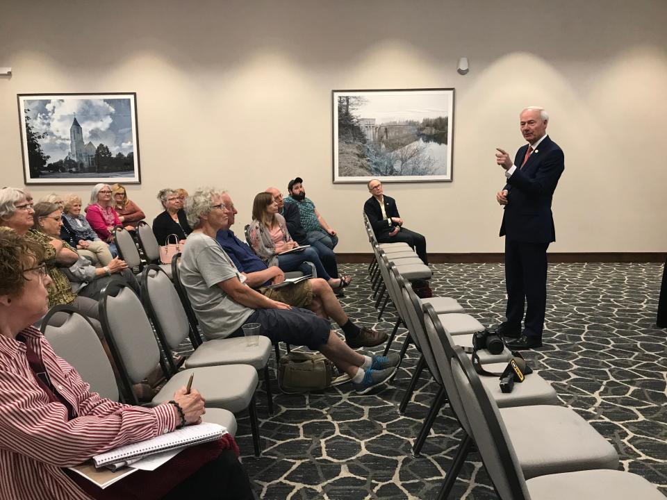 Republican presidential candidate and former Arkansas Gov. Asa Hutchinson addressed several questions from prospective voters during a meet and greet session Wednesday night in Cedar Falls, Iowa. The stop marks the first event in Hutchinson's latest visit to Iowa.