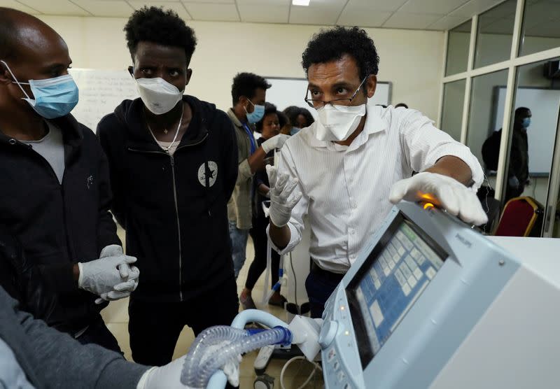 FILE PHOTO: Habtamu Kehali, respiratory therapist gives a training on the mechanical ventilator for health professionals as part of preparations to treat the coronavirus disease (COVID-19) patients at St. Peter's hospital on the outskirts of Addis Ababa