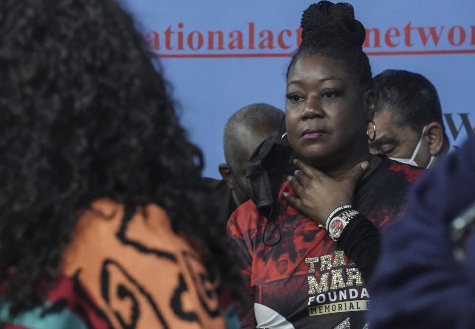 Sybrina Fulton, the mother of Trayvon Martin, attends the commemoration of the 10th anniversary of his death at National Action Network's rally in Harlem, Saturday Feb. 26, 2022, in New York. "Today is a bittersweet day," said Fulton, who with her family created the Trayvon Martin Foundation to raise awareness of gun violence. (AP Photo/Bebeto Matthews)