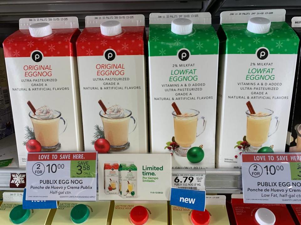 Publix brand half gallon containers of its seasonal egg nog is usually $6.79 a carton. But at the Pinecrest location at 13401 S. Dixie Hwy. on Dec. 12, 2022, the store had a two for $10 special, savings of $3.58.