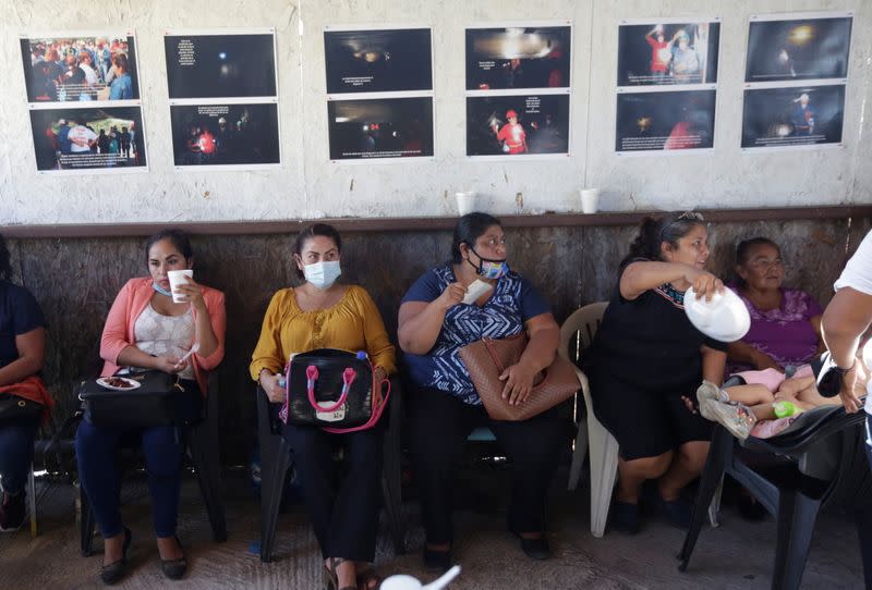 Relatives of the 65 miners who died during an explosion are seen before a meeting with Mexico's President Andres Manuel Lopez Obrador at Pasta de Conchos coal mine, in San Juan de Sabinas