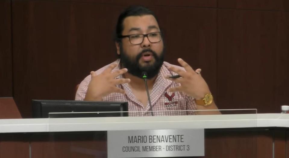 Fayetteville City Council Member Mario Benavente asks questions during a special meeting, called on Wednesday, Aug. 16, 2023 to address youth gun violence.