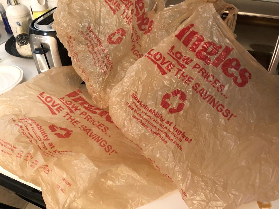 The city of Asheville is considering a ban on single-use plastic bags like those pictured here. The Town of Black Mountain requires garbage for pickup be placed in larger, kitchen-type plastic bags.