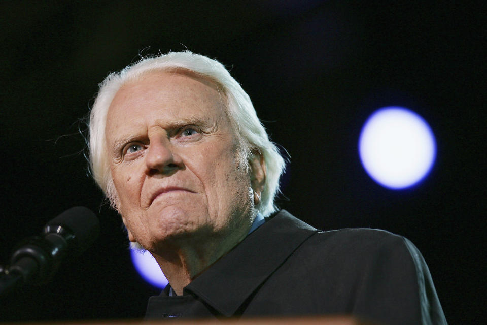 PASADENA, CA - NOVEMBER 20:  Billy Graham preaches on the third night of the Greater Los Angeles Billy Graham Crusade on November 20, 2004 in Pasadena, California. Tonight's service uses gospel rock bands to reach out to young people. This weekend marks the 55th anniversary of 86-year-old Billy Graham's first crusade to evangelize in Pasadena.  (Photo by David McNew/Getty Images)