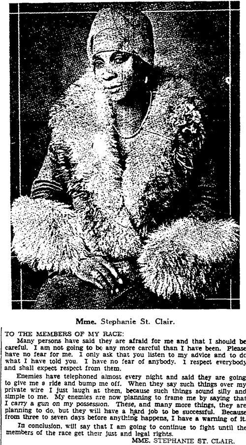 An ad that Stephanie St. Clair put in the Amsterdam News.