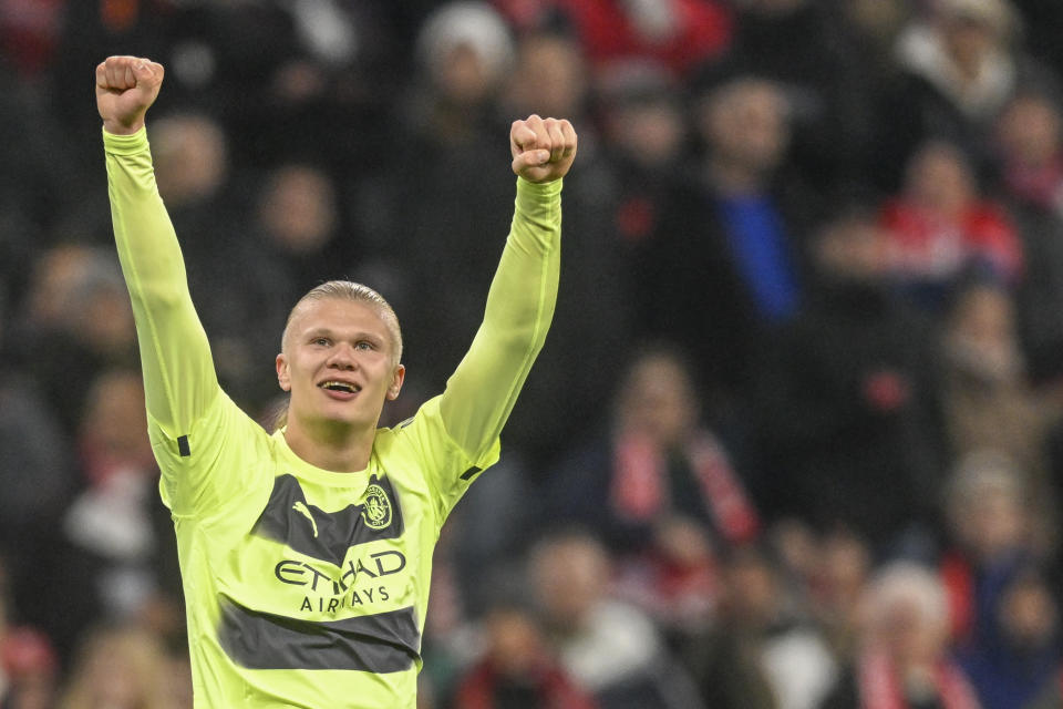 Manchester City's Erling Haaland celebrates after scoring his side's opening goal during the Champions League quarter finals second leg soccer match between Bayern Munich and Manchester City, at the Allianz Arena stadium in Munich, Germany, Wednesday, April 19, 2023. (AP Photo/Andreas Schaad)