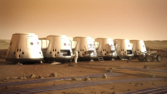 Artist's depiction of Mars One astronauts and their colony on the Red Planet.