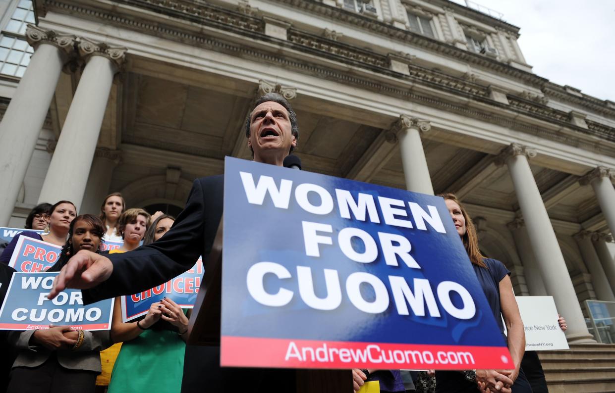 Democratic gubernatorial candidate Andrew Cuomo speaks on the steps of City Hall as he receives and endorsement from NARAL Pro-Choice New York.