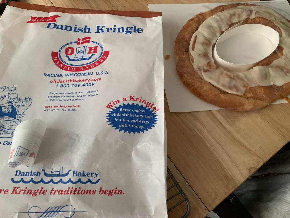 white package bag for trader joe's danish kringle beside the pastry on kitchen counter