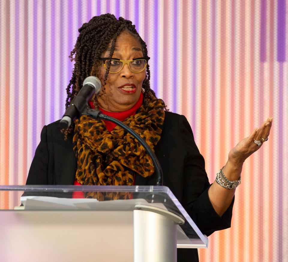 Greater Memphis Chamber CEO Beverly Robertson  speaks during the grand opening for the new FedEx Logistics headquarters Tuesday, April 5, 2022, in Memphis. 