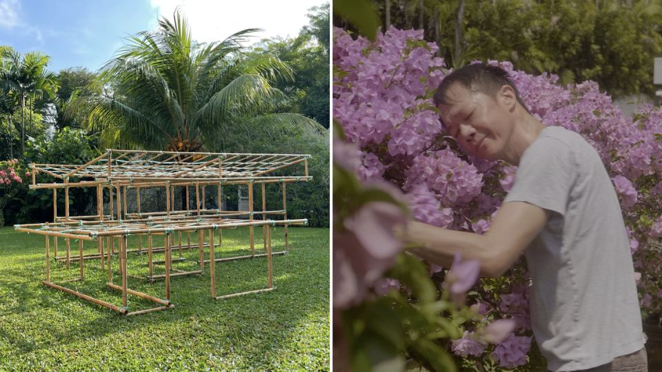 House model installation, Garden Varieties, made from bamboo and raffia by artist Catherine Hu (left) and screenshot of dance film A Dance for a House featuring Tan Ngiap Heng by Lei Yuan Bin (Photos: Tan Ngiap Heng & Lei Yuan Bin)