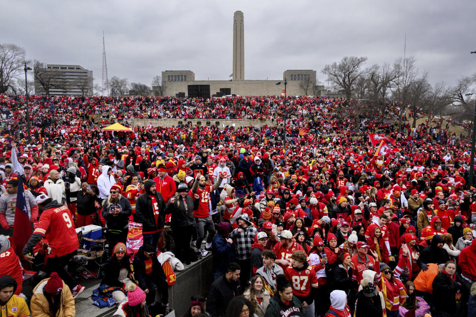 Fans gather for the Kansas City Chiefs' victory celebration and parade in Kansas City, Mo., Wednesday, Feb. 15, 2023, following the Chiefs' win over the Philadelphia Eagles Sunday in the NFL Super Bowl 57 football game. (AP Photo/Reed Hoffman)