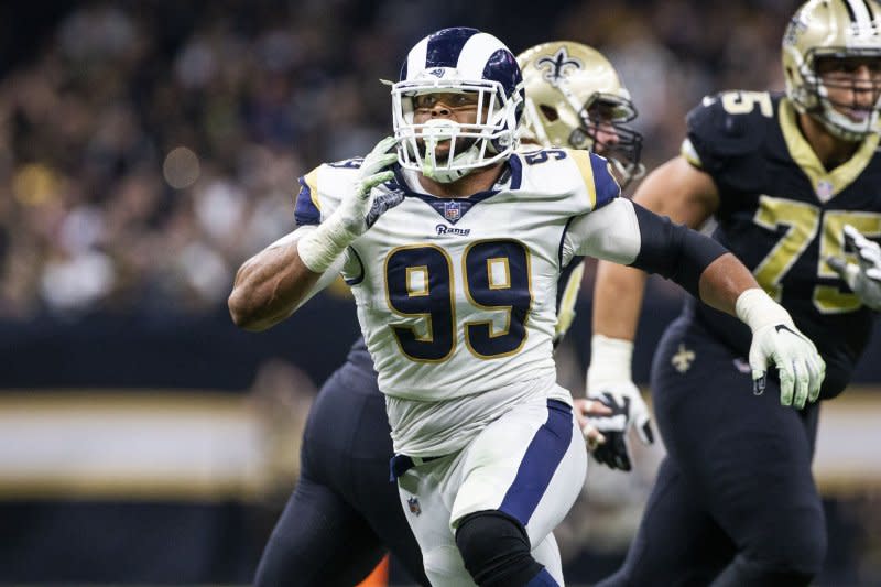 Defensive tackle Aaron Donald is a near-lock for the Pro Football Hall of Fame. File Photo by Mark Wallheiser/UPI