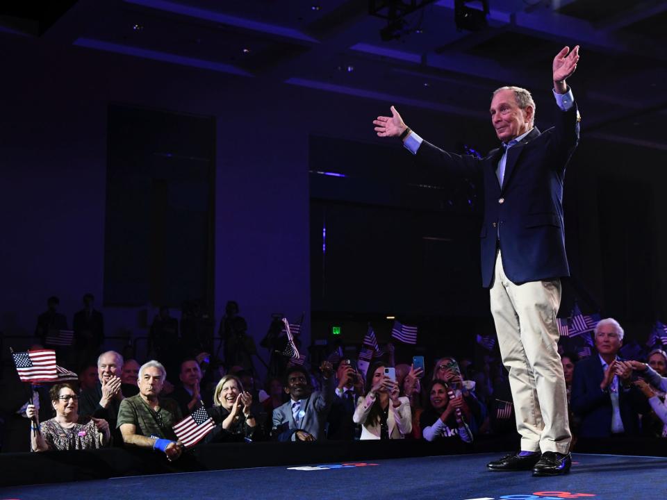 Presidential candidate Mike Bloomberg waves to the crowd after speaking at his Super Tuesday rally at the Palm Beach Convention Center in Palm Beach, Florida on Tuesday, March 3, 2020.